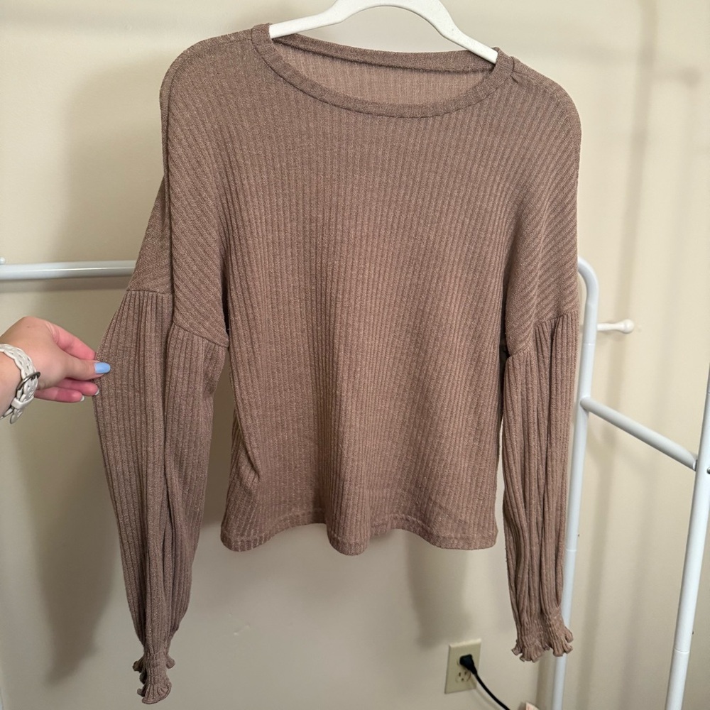 SHEIN Brown Puff Sleeve Ribbed Sweatshirt